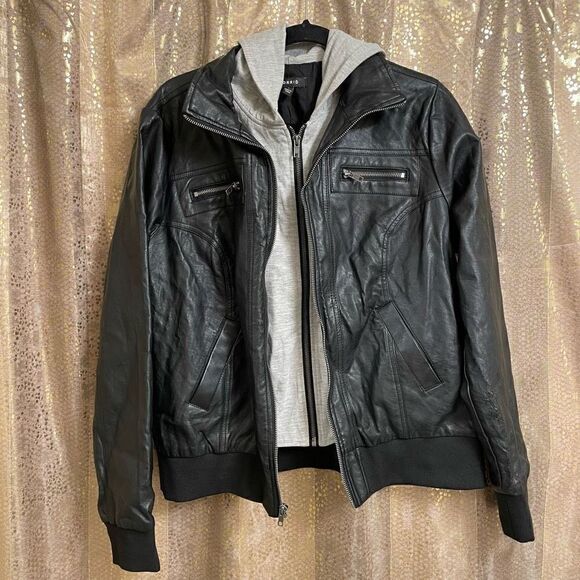Torrid Black Gray Mixed Media Faux Leather Hooded Moto Jacket, 1X 14/16 - Picture 1 of 13